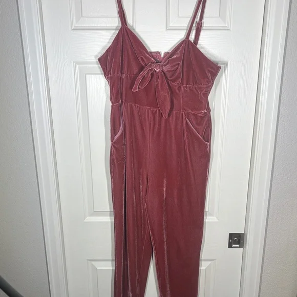 Unique Vintage Pink and White Velvet Jumpsuit with Bow Detail - Picture 1 of 2